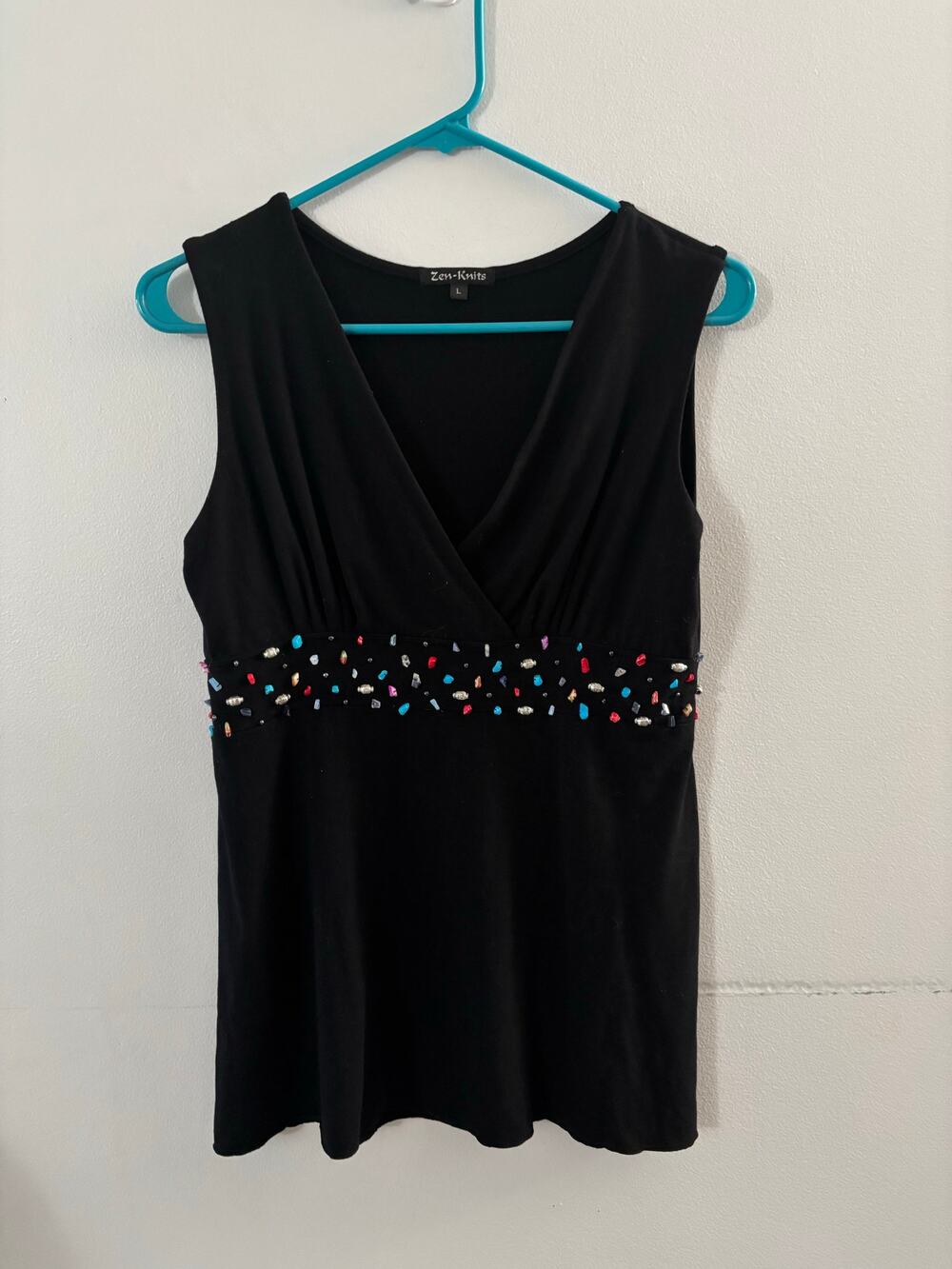 Zen Knits Womens Babydoll Beaded Tank Size Large Black Y2K Artsy Sleeveless